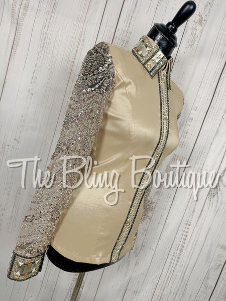 Tan & Champagne Day Shirt Set With Beaded Lace Sleeves (Small)