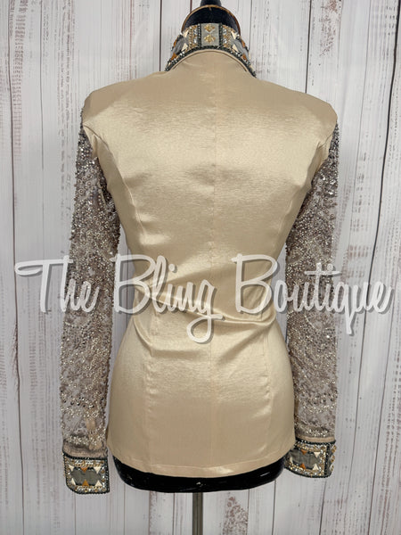 Tan & Champagne Day Shirt Set With Beaded Lace Sleeves (Small)