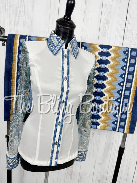 White & Blue Day Shirt Set With Beaded Lace Sleeves (Small)