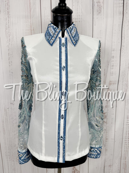 White & Blue Day Shirt Set With Beaded Lace Sleeves (Small)