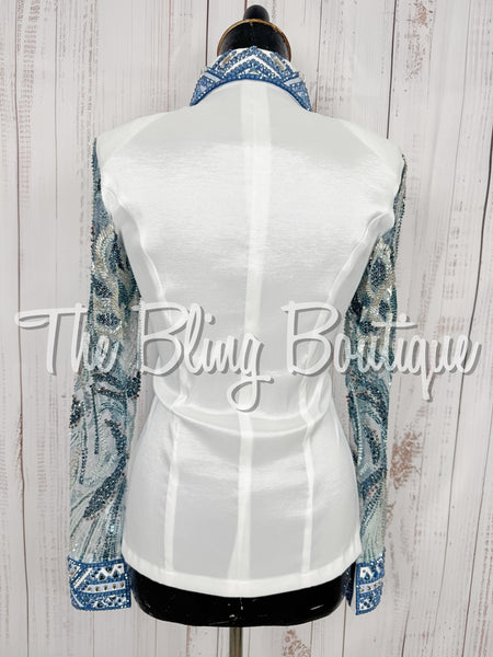 White & Blue Day Shirt Set With Beaded Lace Sleeves (Small)
