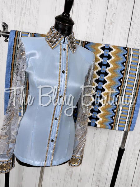 Ice Blue & Tan Day Shirt Set With Beaded Lace Sleeves (Small)