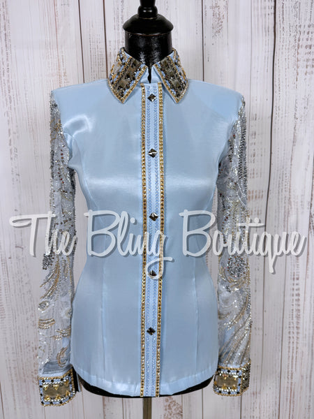 Ice Blue & Tan Day Shirt Set With Beaded Lace Sleeves (Small)