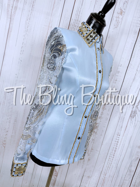 Ice Blue & Tan Day Shirt Set With Beaded Lace Sleeves (Small)