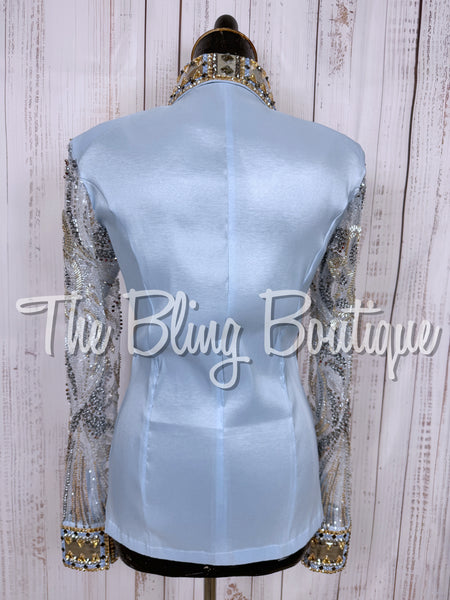 Ice Blue & Tan Day Shirt Set With Beaded Lace Sleeves (Small)