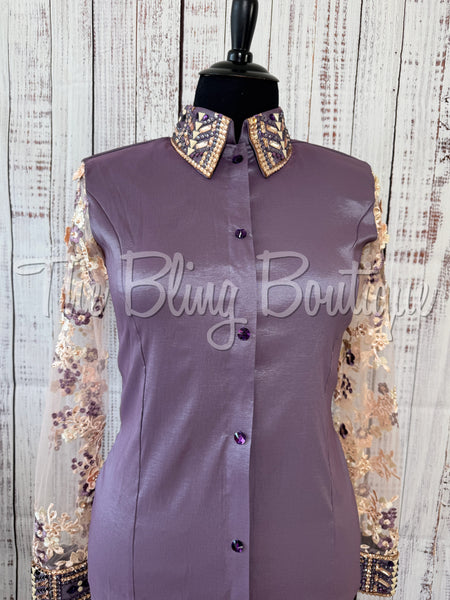 Orchid & Peach Day Shirt With Beaded Lace Sleeves (3XL)