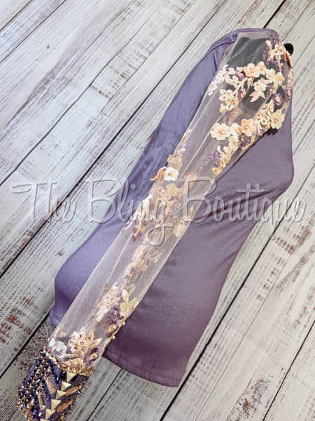Orchid & Peach Day Shirt With Beaded Lace Sleeves (3XL)