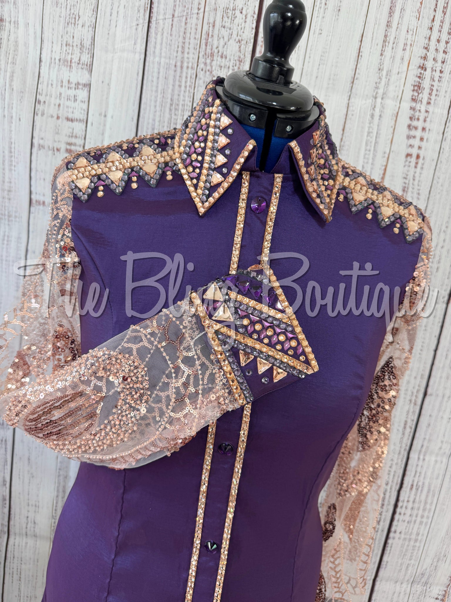 Purple & Peach Day Shirt With Beaded Lace Sleeves (L)
