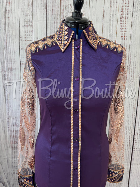 Purple & Peach Day Shirt With Beaded Lace Sleeves (L)