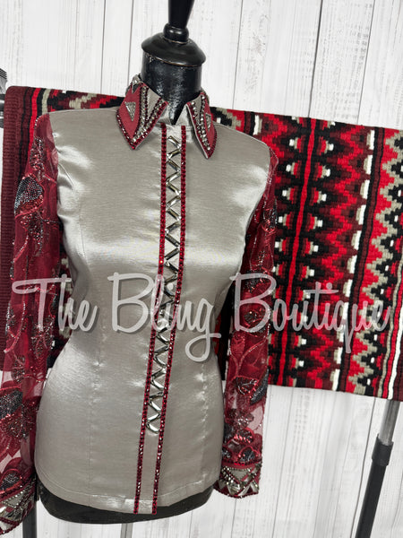 Grey, Burgundy & Black Day Shirt Set With Lace Sleeves (Small)
