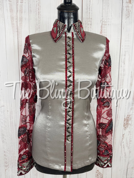 Grey, Burgundy & Black Day Shirt Set With Lace Sleeves (Small)
