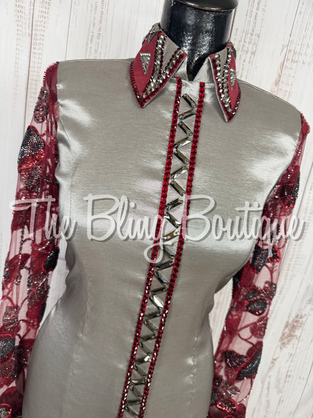 Grey, Burgundy & Black Day Shirt Set With Lace Sleeves (Small)