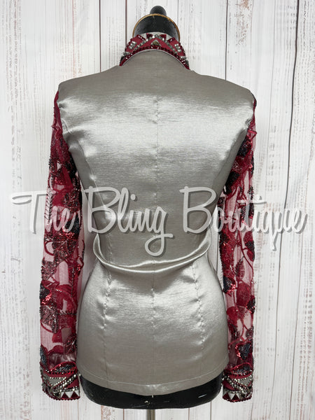 Grey, Burgundy & Black Day Shirt Set With Lace Sleeves (Small)