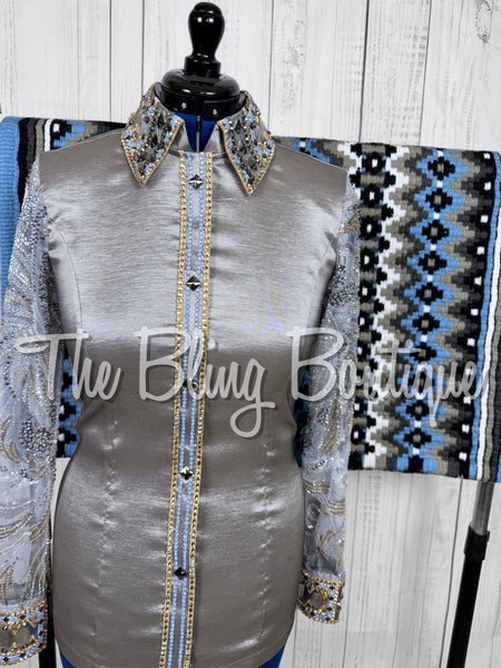 Grey & Cornflower Blue Day Shirt Set With Beaded Lace Sleeves (Medium)