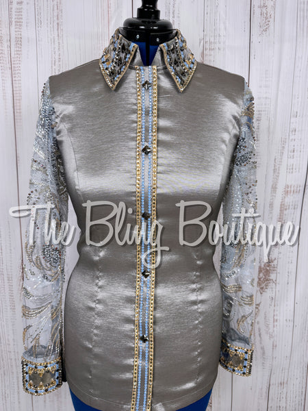 Grey & Cornflower Blue Day Shirt Set With Beaded Lace Sleeves (Medium)