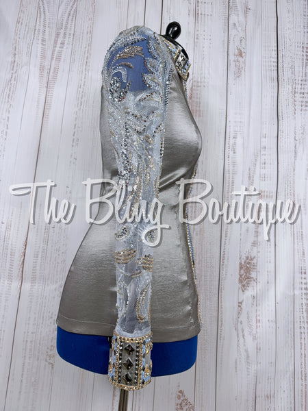 Grey & Cornflower Blue Day Shirt Set With Beaded Lace Sleeves (Medium)