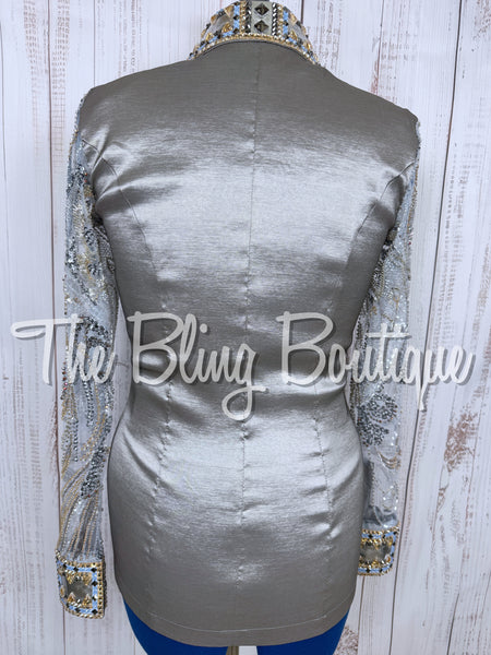 Grey & Cornflower Blue Day Shirt Set With Beaded Lace Sleeves (Medium)