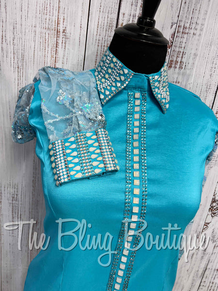 Turquoise Day Shirt Set With Lace Sheer Sleeves Set (2XL)