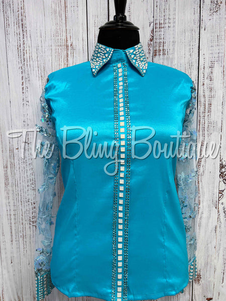 Turquoise Day Shirt Set With Lace Sheer Sleeves Set (2XL)