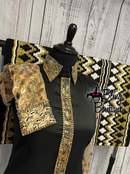 Black & Gold Day Shirt Set With Lace Sheer Sleeves Set (2XL)