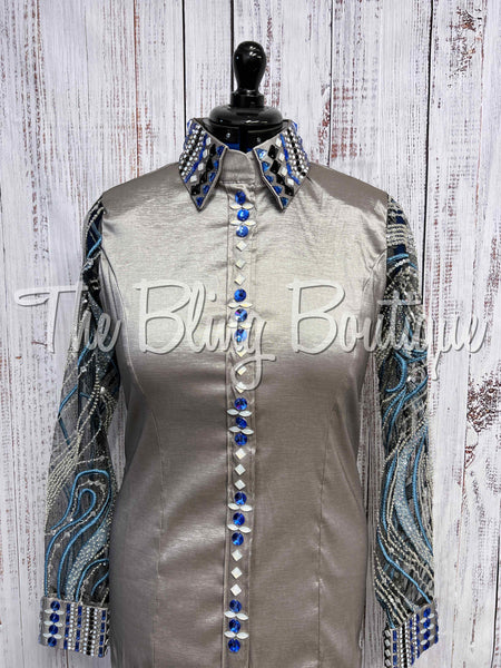 Grey & Blue Day Shirt Set With Beaded Lace Sheer Sleeves Set (XL)