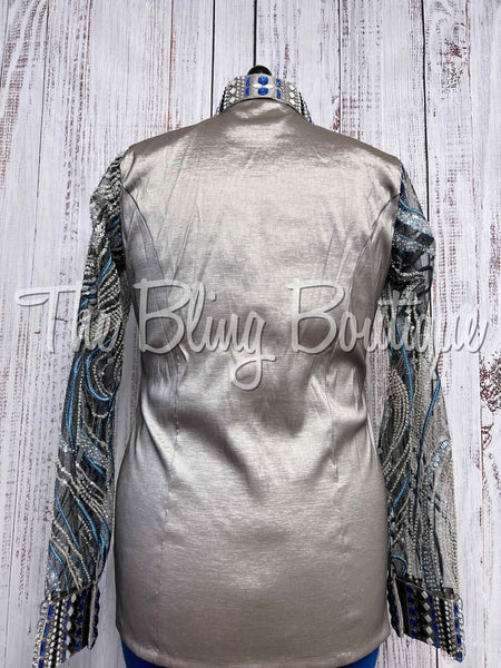 Grey & Blue Day Shirt Set With Beaded Lace Sheer Sleeves Set (XL)