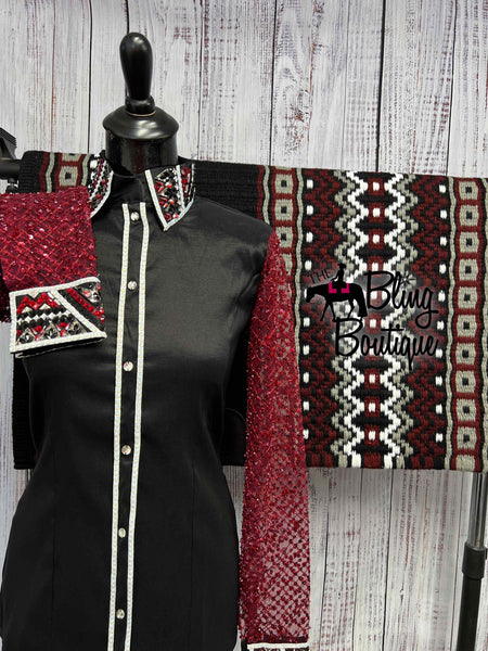 Black & Red Day Shirt Set With Beaded Lace Sheer Sleeves Set (M)