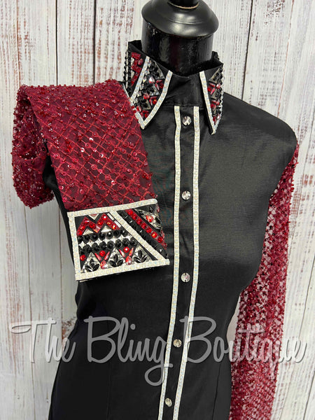 Black & Red Day Shirt Set With Beaded Lace Sheer Sleeves Set (M)