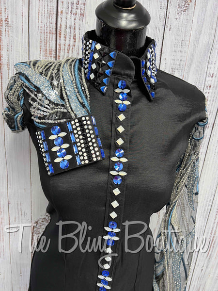 Black, Royal Blue & Silver Day Shirt Set With Beaded Lace Sheer Sleeves Set (M)