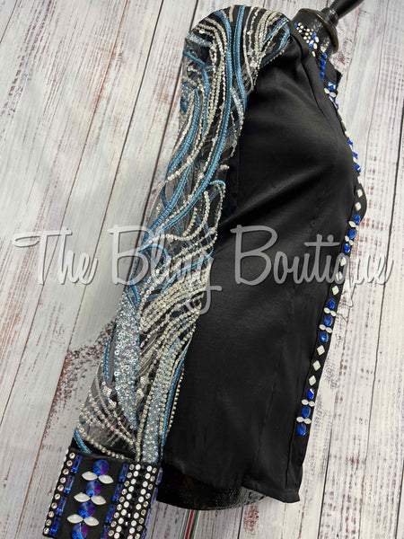 Black, Royal Blue & Silver Day Shirt Set With Beaded Lace Sheer Sleeves Set (M)