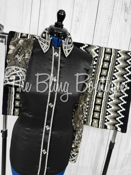 Black, Grey & White Day Shirt Set With Beaded Lace Sleeves (Medium)