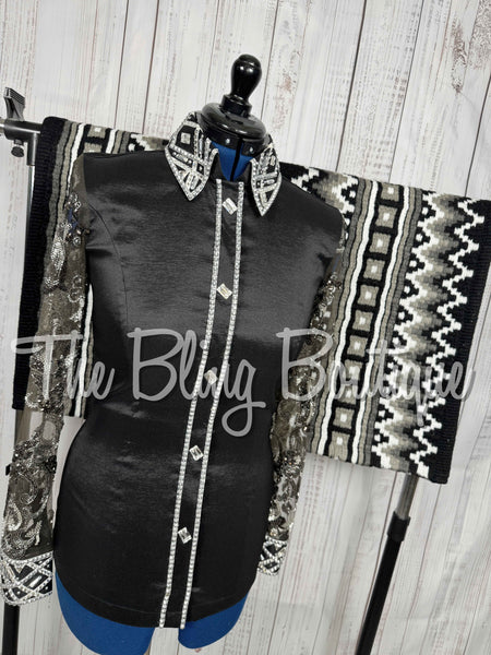 Black, Grey & White Day Shirt Set With Beaded Lace Sleeves (Medium)