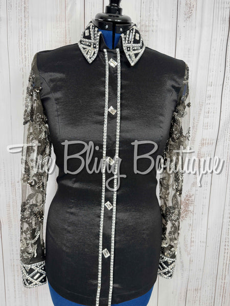 Black, Grey & White Day Shirt Set With Beaded Lace Sleeves (Medium)