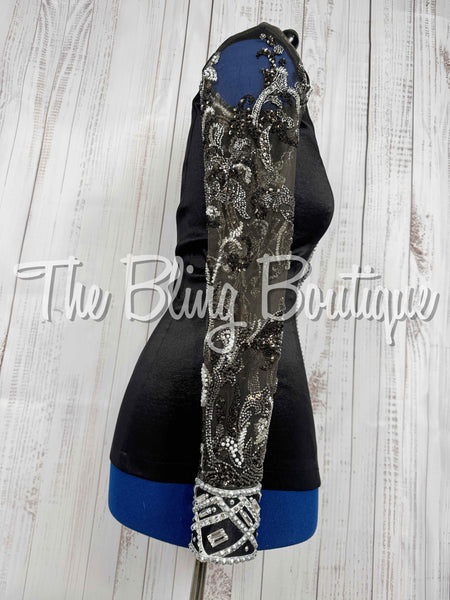 Black, Grey & White Day Shirt Set With Beaded Lace Sleeves (Medium)