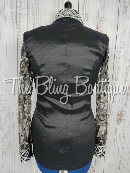 Black, Grey & White Day Shirt Set With Beaded Lace Sleeves (Medium)