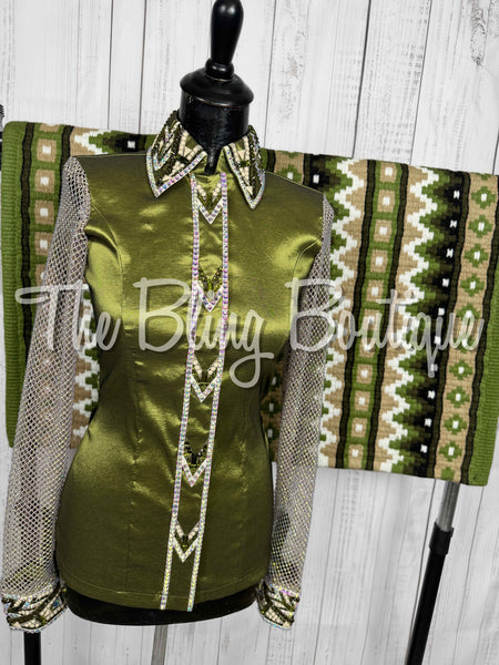 Light Olive Green, Tan & White Day Shirt Set With Crystal Mesh Sleeves (Small)