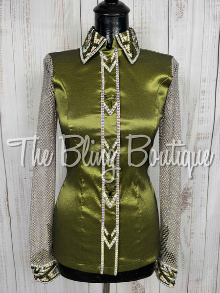 Light Olive Green, Tan & White Day Shirt Set With Crystal Mesh Sleeves (Small)