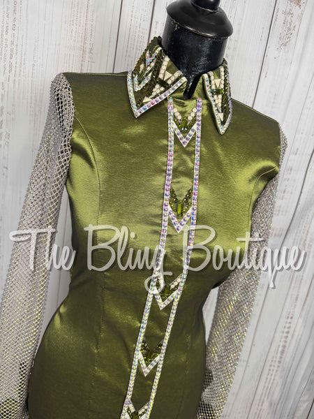 Light Olive Green, Tan & White Day Shirt Set With Crystal Mesh Sleeves (Small)