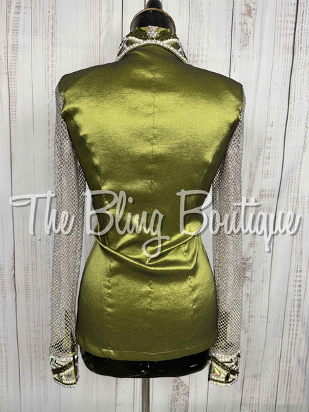 Light Olive Green, Tan & White Day Shirt Set With Crystal Mesh Sleeves (Small)