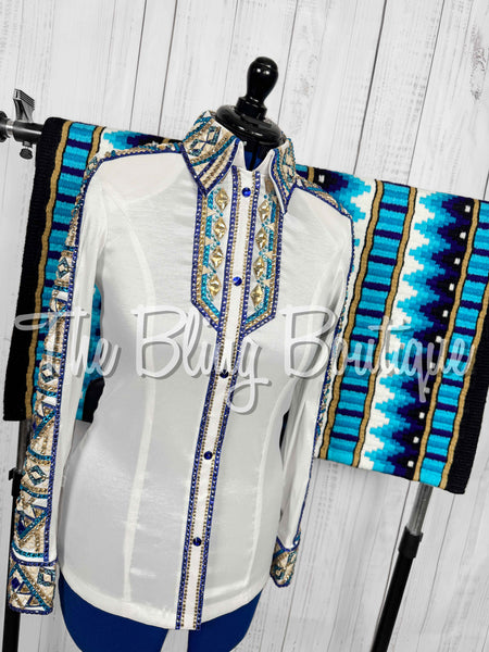 White, Turquoise, Royal Purple, Blue & Tan Day Shirt (Medium)