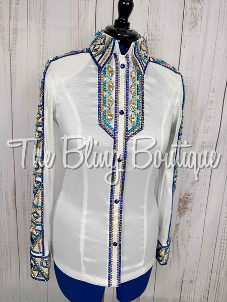 White, Turquoise, Royal Purple, Blue & Tan Day Shirt (Medium)