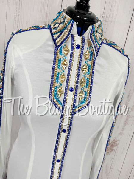 White, Turquoise, Royal Purple, Blue & Tan Day Shirt (Medium)