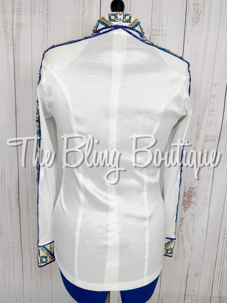 White, Turquoise, Royal Purple, Blue & Tan Day Shirt (Medium)