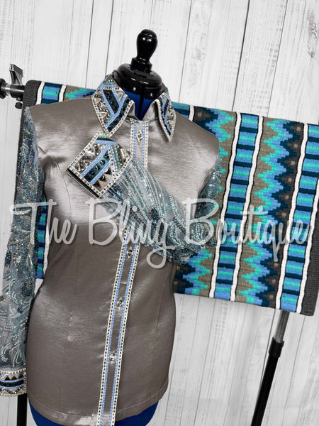 Grey, Ocean Teal & Periwinkle Day Shirt Set With Beaded Lace Sleeves (Large)