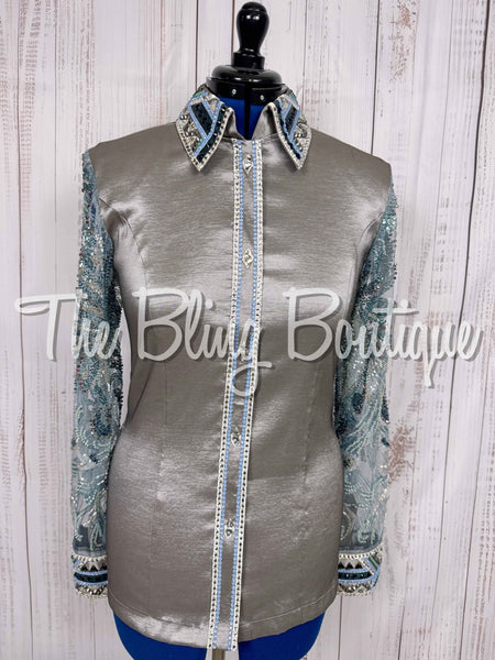 Grey, Ocean Teal & Periwinkle Day Shirt Set With Beaded Lace Sleeves (Large)