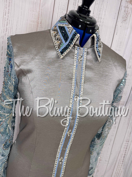 Grey, Ocean Teal & Periwinkle Day Shirt Set With Beaded Lace Sleeves (Large)