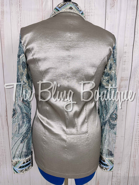 Grey, Ocean Teal & Periwinkle Day Shirt Set With Beaded Lace Sleeves (Large)