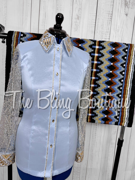 Ice Blue, tan & White Day Shirt Set With Beaded Lace Sleeves (Medium)