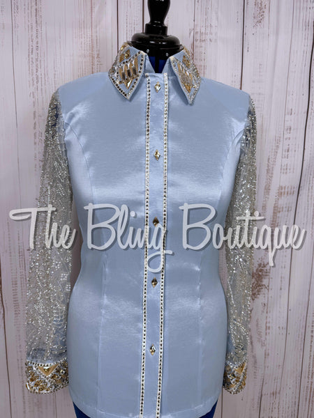 Ice Blue, tan & White Day Shirt Set With Beaded Lace Sleeves (Medium)