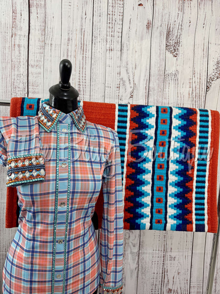 Tangerine, Turquoise & Royal Blue Plaid Day Shirt Set (Sizes Small-3XL)